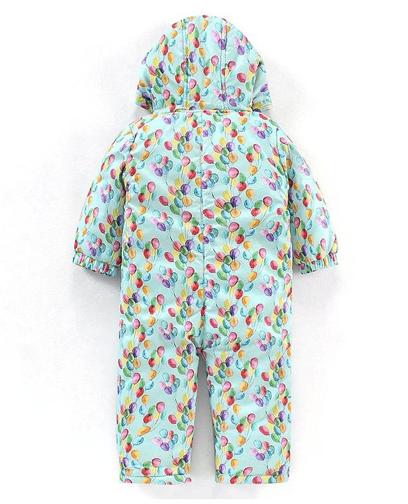 Babyhug Woven Full Sleeves Hooded Rompers Balloons Print - Blue