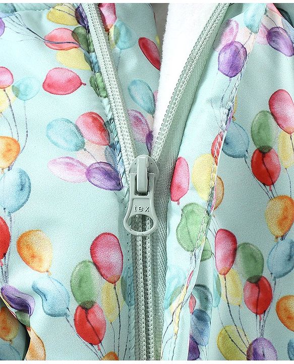 Babyhug Woven Full Sleeves Hooded Rompers Balloons Print - Blue