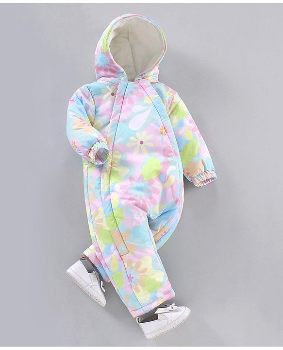Babyhug Woven Full Sleeves Hooded Rompers Abstract Floral Print - Multicolour