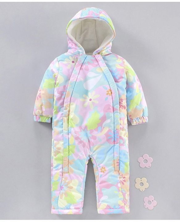 Babyhug Woven Full Sleeves Hooded Rompers Abstract Floral Print - Multicolour