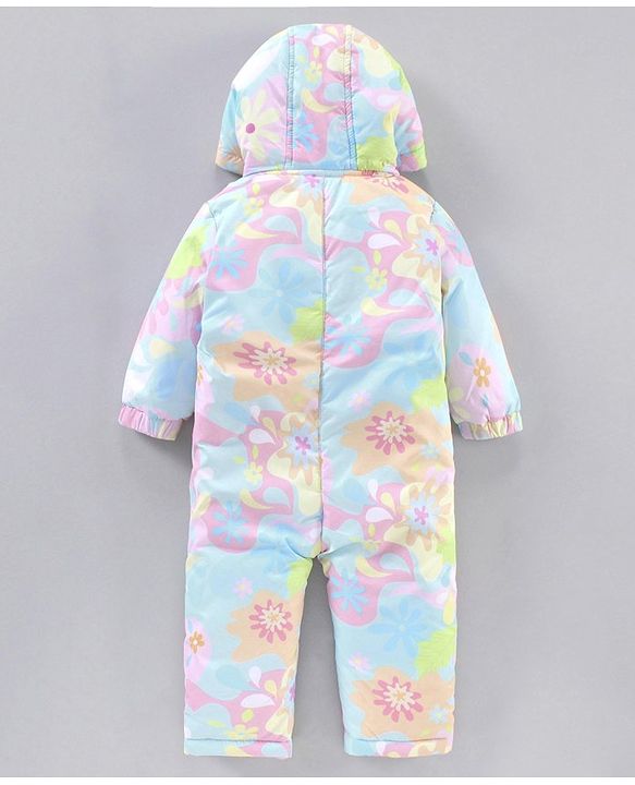 Babyhug Woven Full Sleeves Hooded Rompers Abstract Floral Print - Multicolour