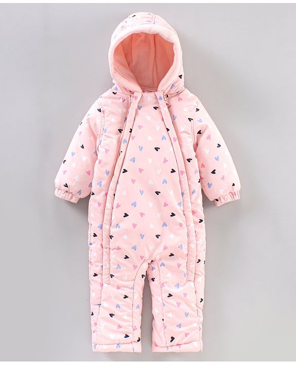 Babyhug Woven Full Sleeves Hooded Heart Print Romper - Pink