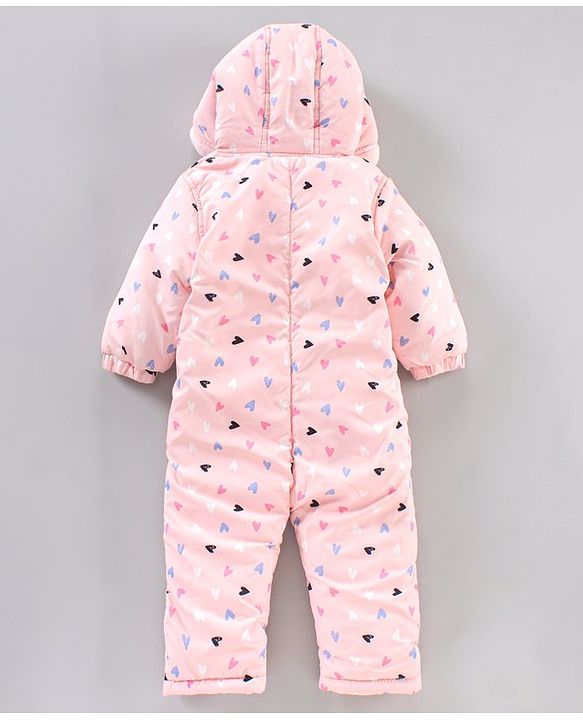 Babyhug Woven Full Sleeves Hooded Heart Print Romper - Pink