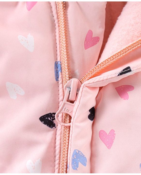 Babyhug Woven Full Sleeves Hooded Heart Print Romper - Pink