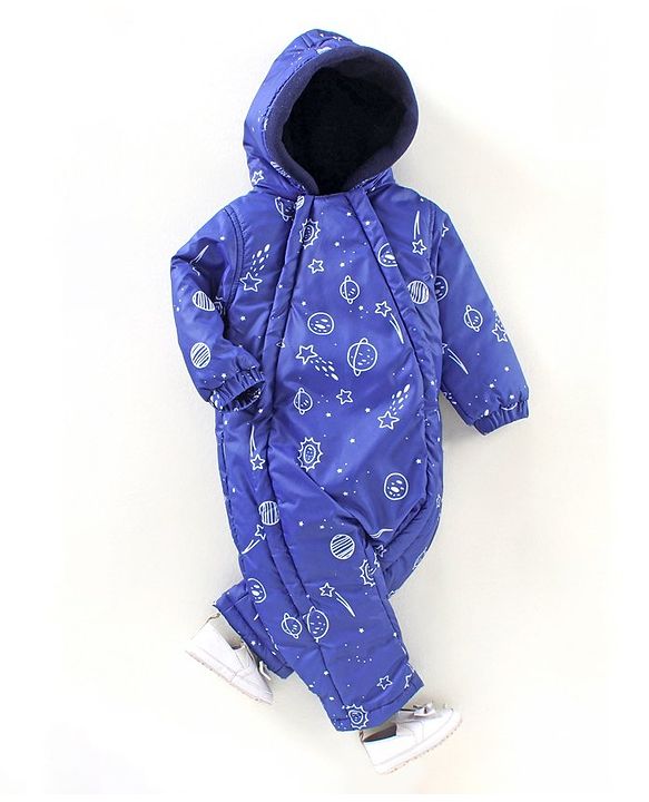 Babyhug Woven Full Sleeves Hooded Printed Romper - Blue