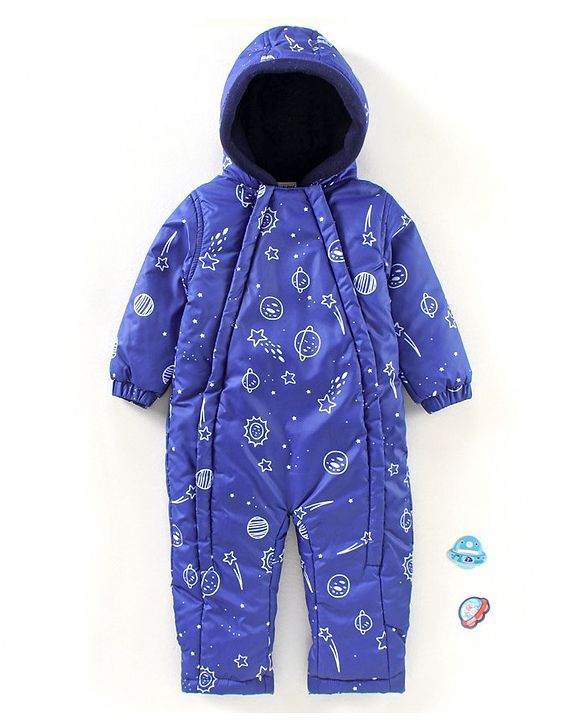 Babyhug Woven Full Sleeves Hooded Printed Romper - Blue