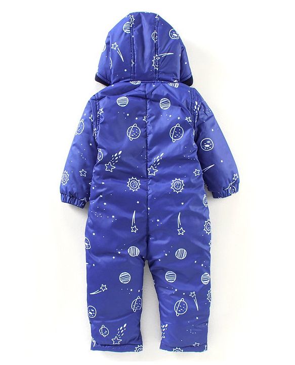 Babyhug Woven Full Sleeves Hooded Printed Romper - Blue