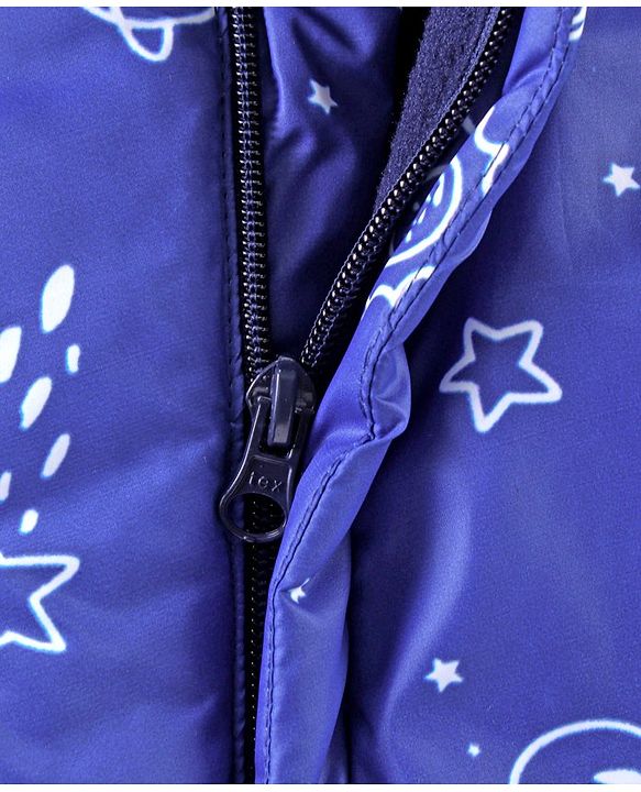 Babyhug Woven Full Sleeves Hooded Printed Romper - Blue