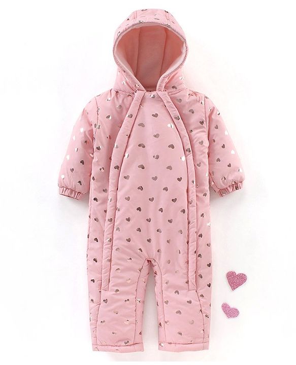 Babyhug Full Sleeves Winter Wear Hooded Romper Heart Print - Pink