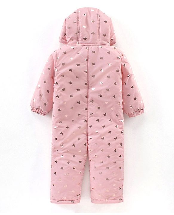 Babyhug Full Sleeves Winter Wear Hooded Romper Heart Print - Pink