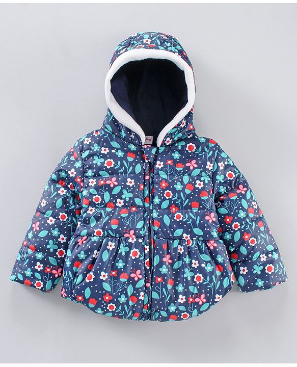 Babyhug Winter Wear Full Sleeves Hooded Padded Jacket & Lounge Pant Floral Print - Navy Blue Light Pink