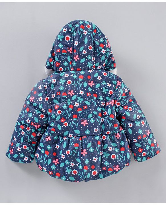 Babyhug Winter Wear Full Sleeves Hooded Padded Jacket & Lounge Pant Floral Print - Navy Blue Light Pink