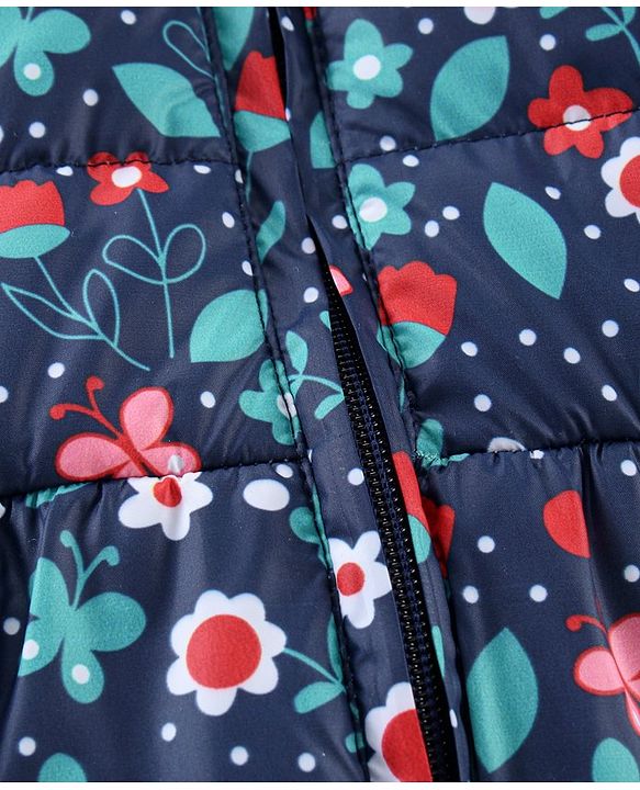 Babyhug Winter Wear Full Sleeves Hooded Padded Jacket & Lounge Pant Floral Print - Navy Blue Light Pink