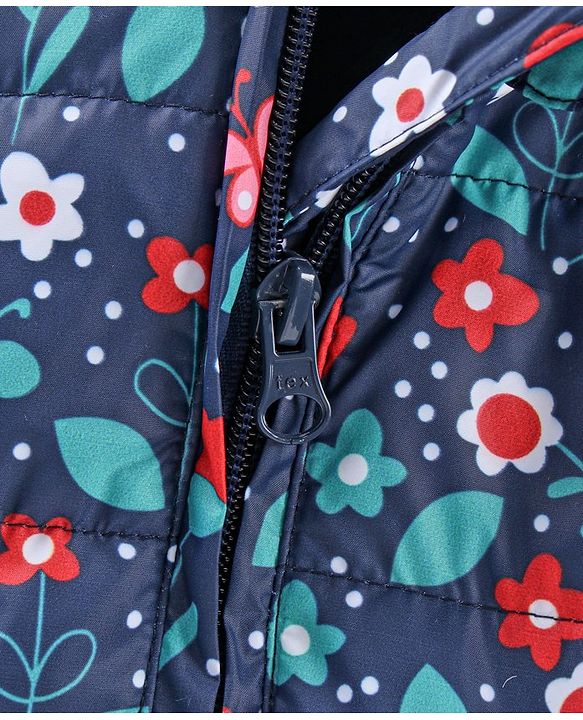 Babyhug Winter Wear Full Sleeves Hooded Padded Jacket & Lounge Pant Floral Print - Navy Blue Light Pink