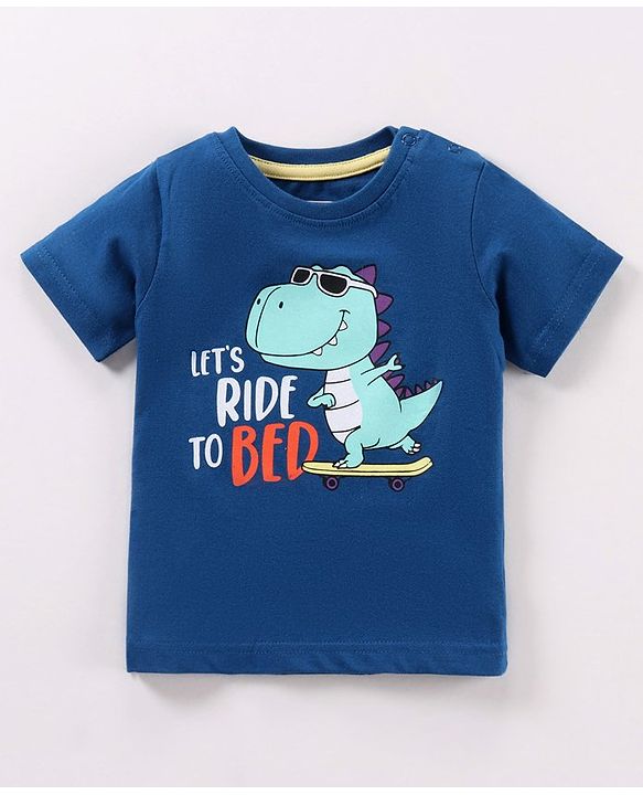 Babyhug Half Sleeves Tee With Shorts Dino & Stripes Print- Blue