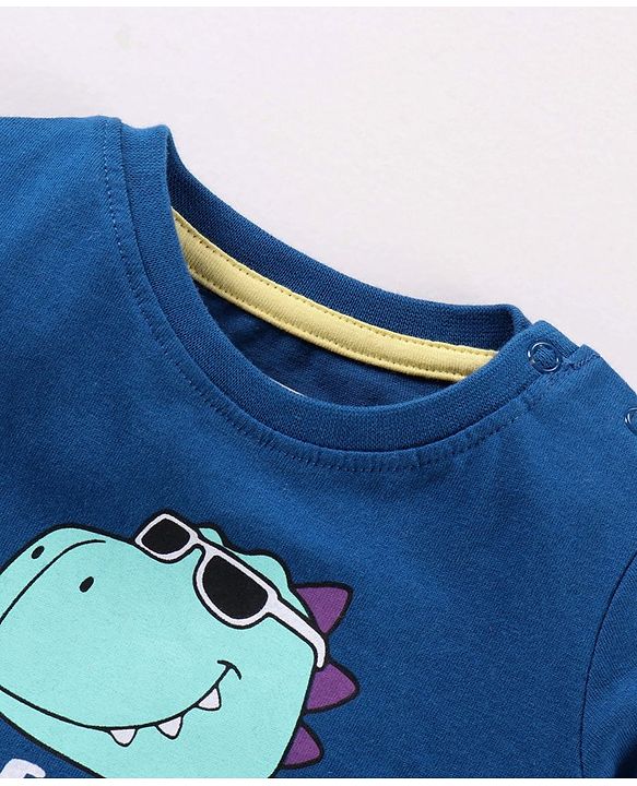 Babyhug Half Sleeves Tee With Shorts Dino & Stripes Print- Blue