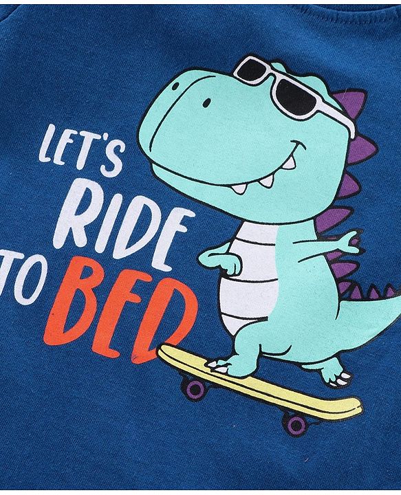 Babyhug Half Sleeves Tee With Shorts Dino & Stripes Print- Blue