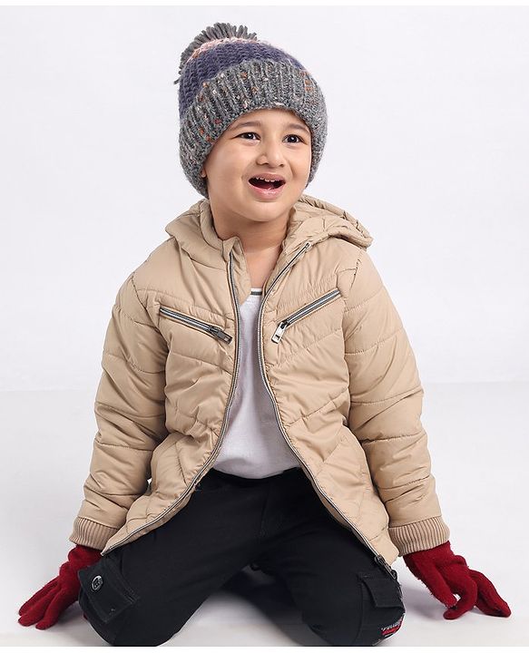 Babyhug Full Sleeves Solid Heavy Winter Hooded Jacket - Fawn