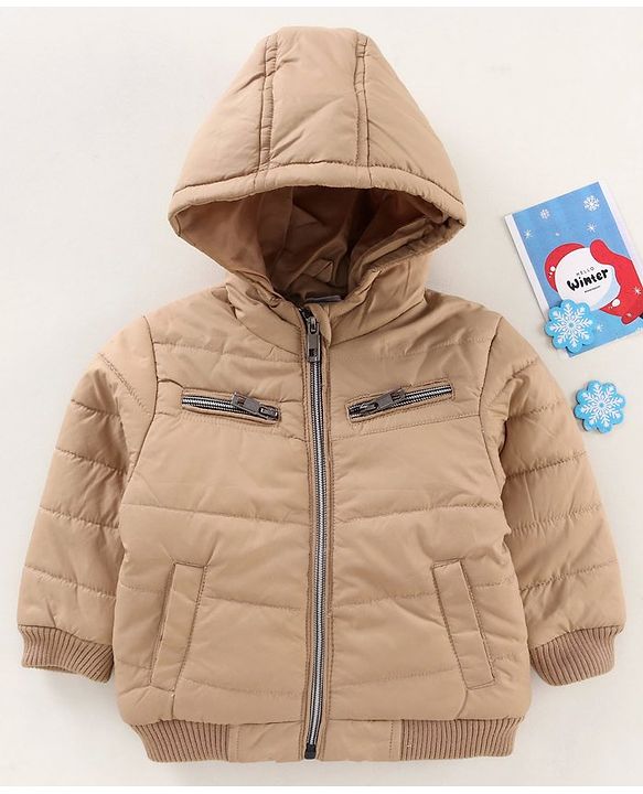 Babyhug Full Sleeves Solid Heavy Winter Hooded Jacket - Fawn