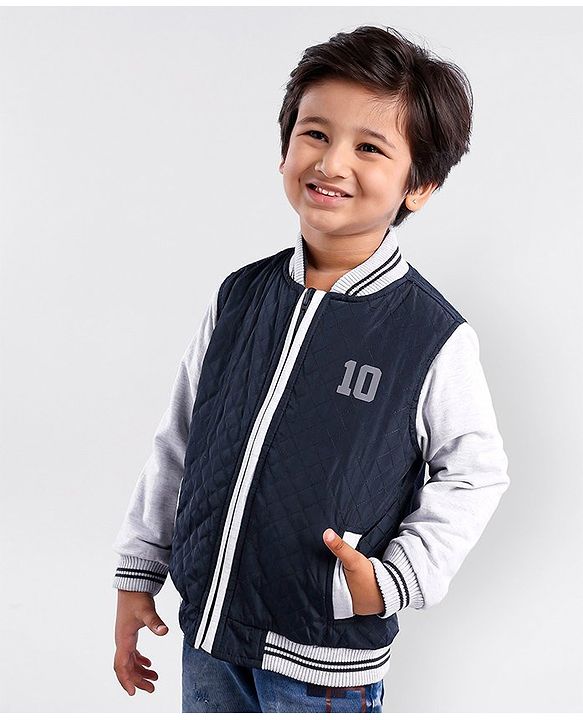Babyhug Full Sleeves Reversible Jacket Solid & Stripes Print- Navy White