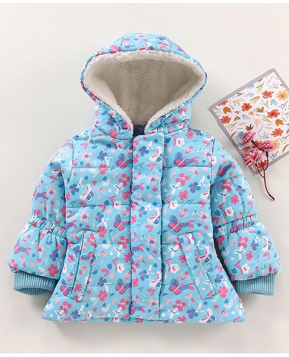 Babyhug Full Sleeves Hooded Heavy Winter Jacket Floral Print - Blue