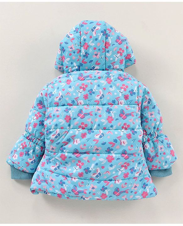 Babyhug Full Sleeves Hooded Heavy Winter Jacket Floral Print - Blue