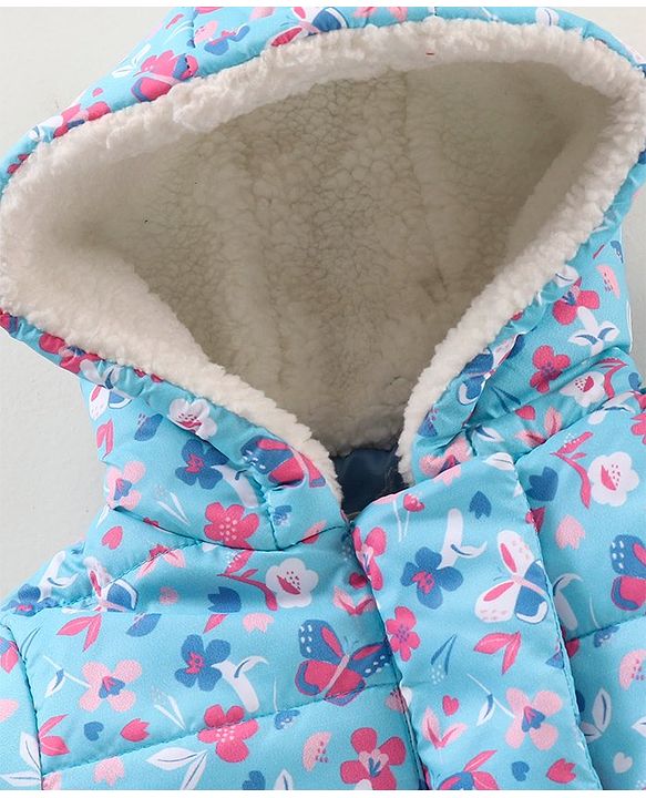 Babyhug Full Sleeves Hooded Heavy Winter Jacket Floral Print - Blue