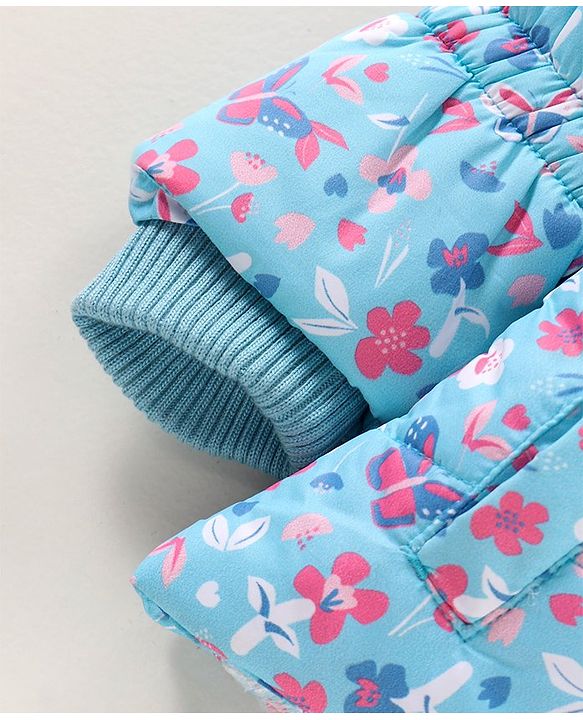 Babyhug Full Sleeves Hooded Heavy Winter Jacket Floral Print - Blue
