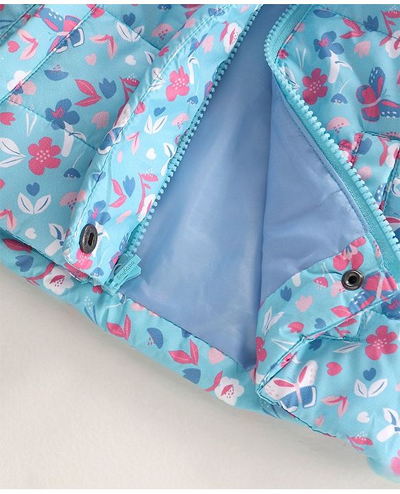 Babyhug Full Sleeves Hooded Heavy Winter Jacket Floral Print - Blue