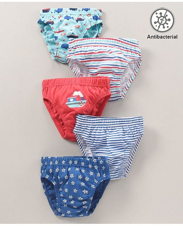 Babyhug Cotton Knit Antibacterial Stripe & Star Printed Briefs Pack of 5 - Multicolour