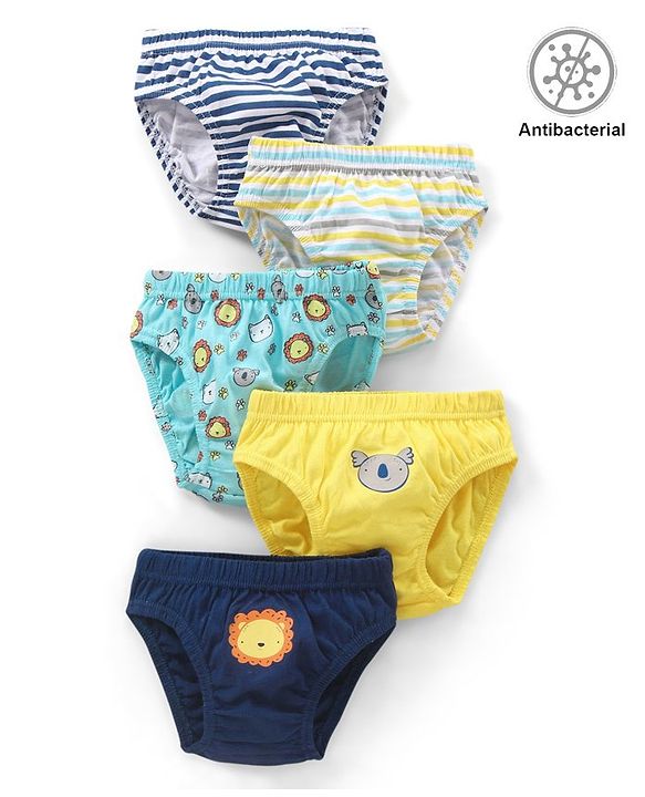 Babyhug  Cotton Knit Antibacterial Animal Print & Striped Briefs Pack of 5 - Multicolour