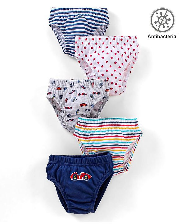 Babyhug Antibacterial Stripes & Vehicle Print Briefs Pack of 5 - Multicolor