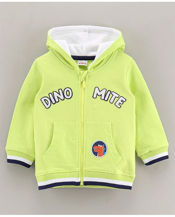 Babyhug Full Sleeves Hooded Sweat Jacket Dino Patch - Lime Green