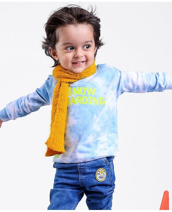 Babyhug Full Sleeves Tie & Dye Sweatshirt Text Print - White Blue