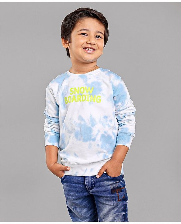 Babyhug Full Sleeves Tie & Dye Sweatshirt Text Print - White Blue