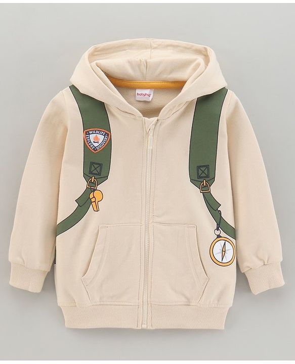 Babyhug Full Sleeves Hooded Sweat Jacket With Bag Print- Beige