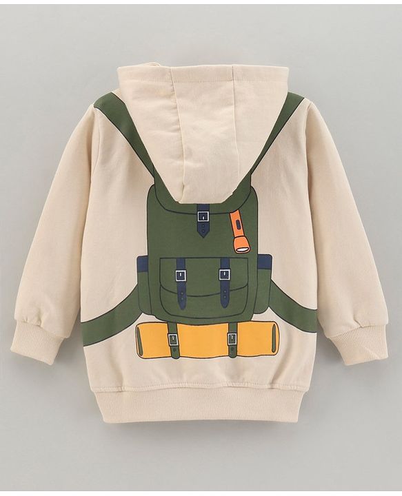 Babyhug Full Sleeves Hooded Sweat Jacket With Bag Print- Beige