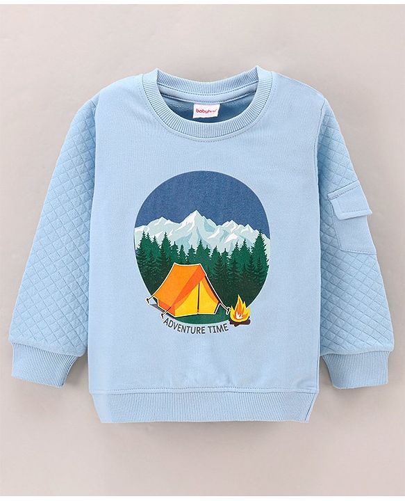 Babyhug Full Sleeves Knit Sweatshirt With Mountain Print And Pocket & Quilting at Sleeves - Blue