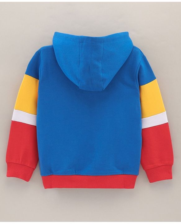 Babyhug Full Sleeves Hooded Cut & Sew Colour Block Sweatjacket with Print - Blue