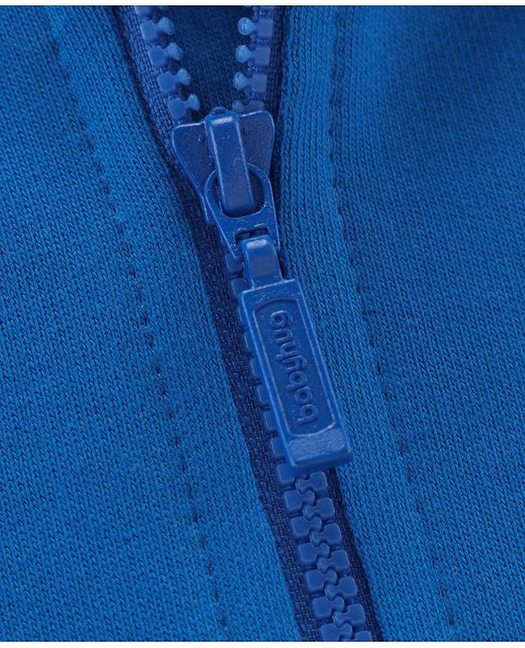 Babyhug Full Sleeves Hooded Cut & Sew Colour Block Sweatjacket with Print - Blue