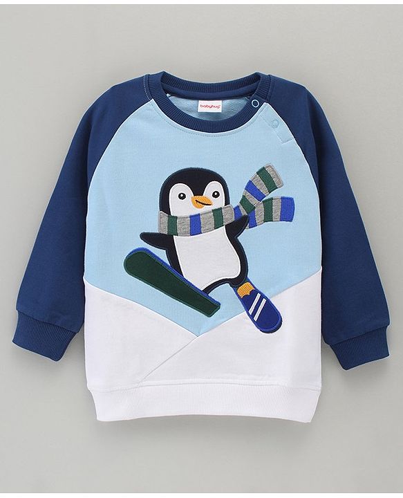 Babyhug Cotton Blend Full Sleeves Cut & Sew Sweat Shirt Penguin Printed Applique - Navy White