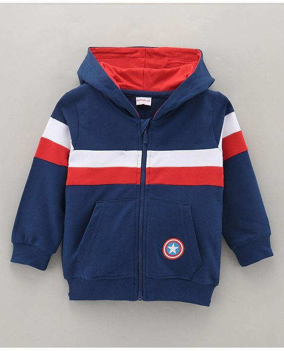 Babyhug Full Sleeves Hooded Cut & Sew Sweatshirt Captain America Shield Applique - Navy