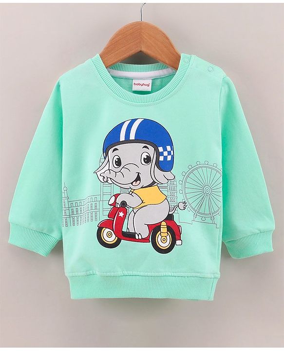 Babyhug Cotton Blend Knit Full Sleeves Sweatshirt Elephant Print - Light Blue