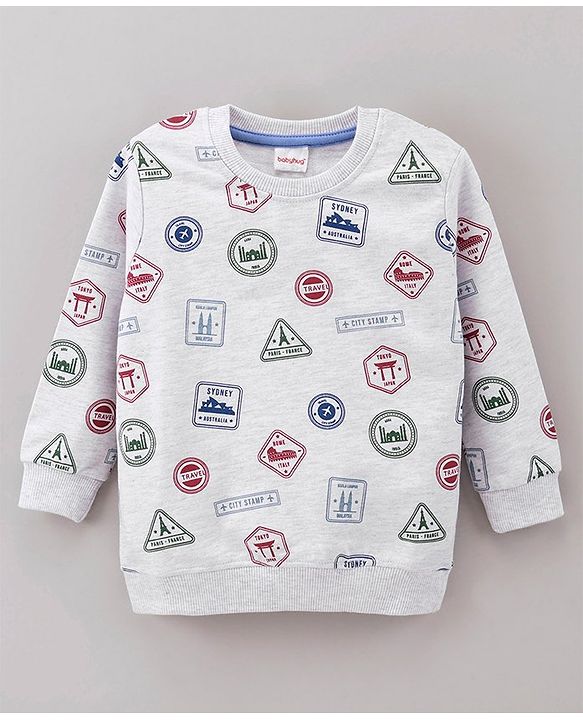 Babyhug Full Sleeves All Over Printed Sweatshirt - White Melange