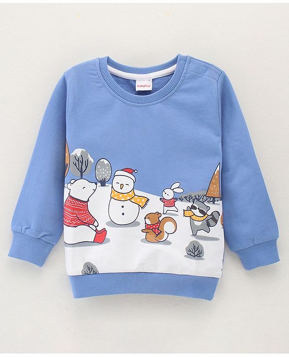 Babyhug Cotton Blend Full Sleeves Sweat Shirt Snowman Print - Blue