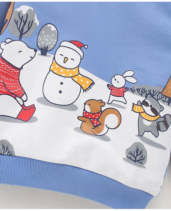 Babyhug Cotton Blend Full Sleeves Sweat Shirt Snowman Print - Blue