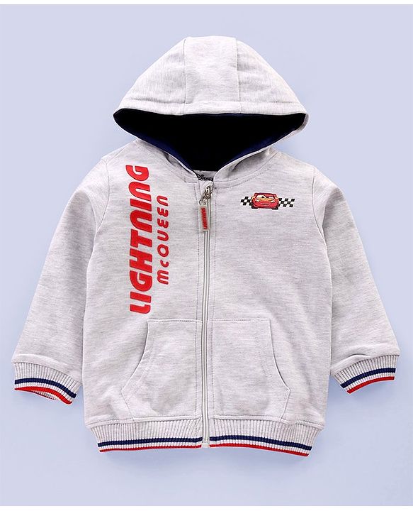 Babyhug Full Sleeves Hooded Sweatshirt Lightning McQueen Print - White Melange