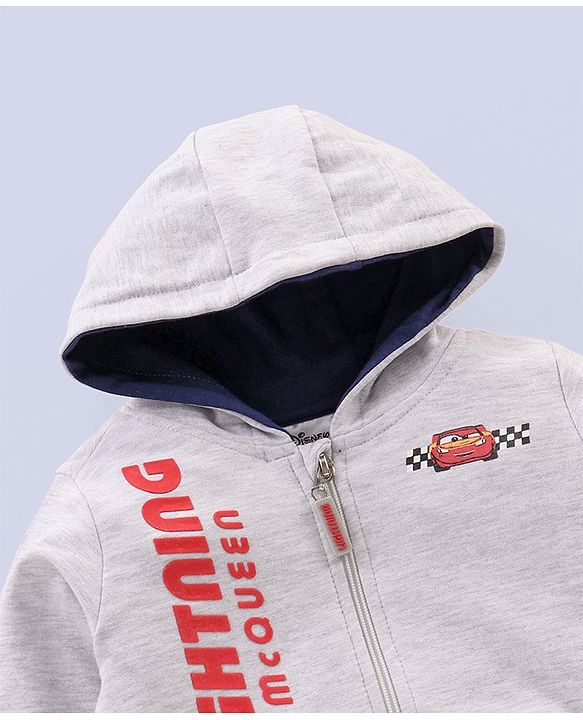 Babyhug Full Sleeves Hooded Sweatshirt Lightning McQueen Print - White Melange