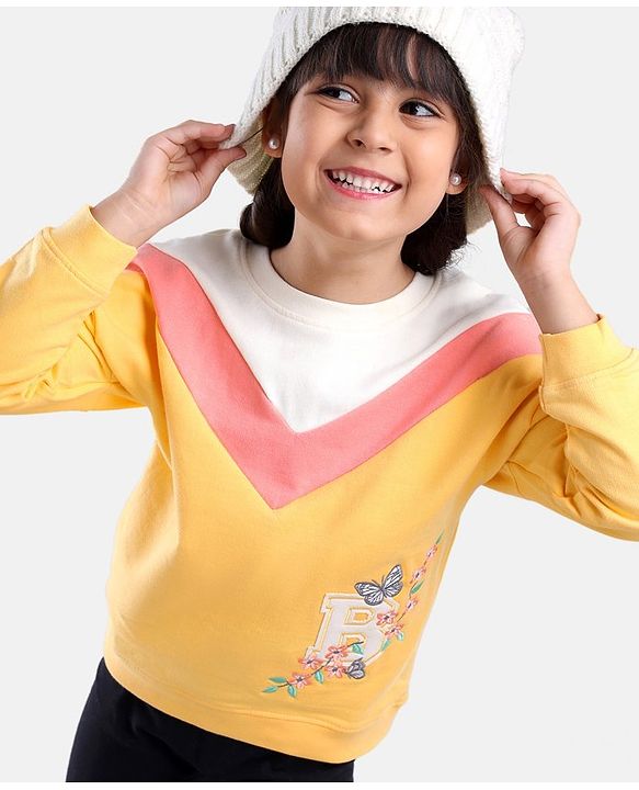 Babyhug Full Sleeves Cotton Knit Cut & Sew Sweatshirt Floral & Butterfly Embroidery - Multicolor"