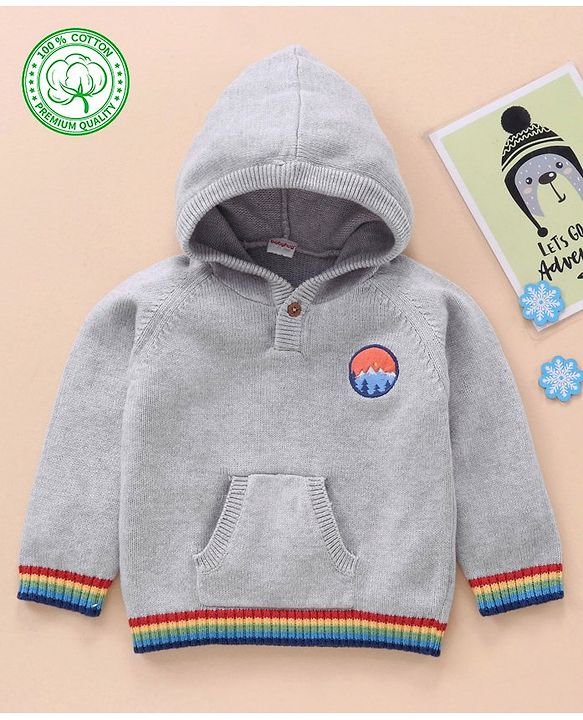 Babyhug 100% Organic Cotton Full Sleeves Hooded Sweater - Grey